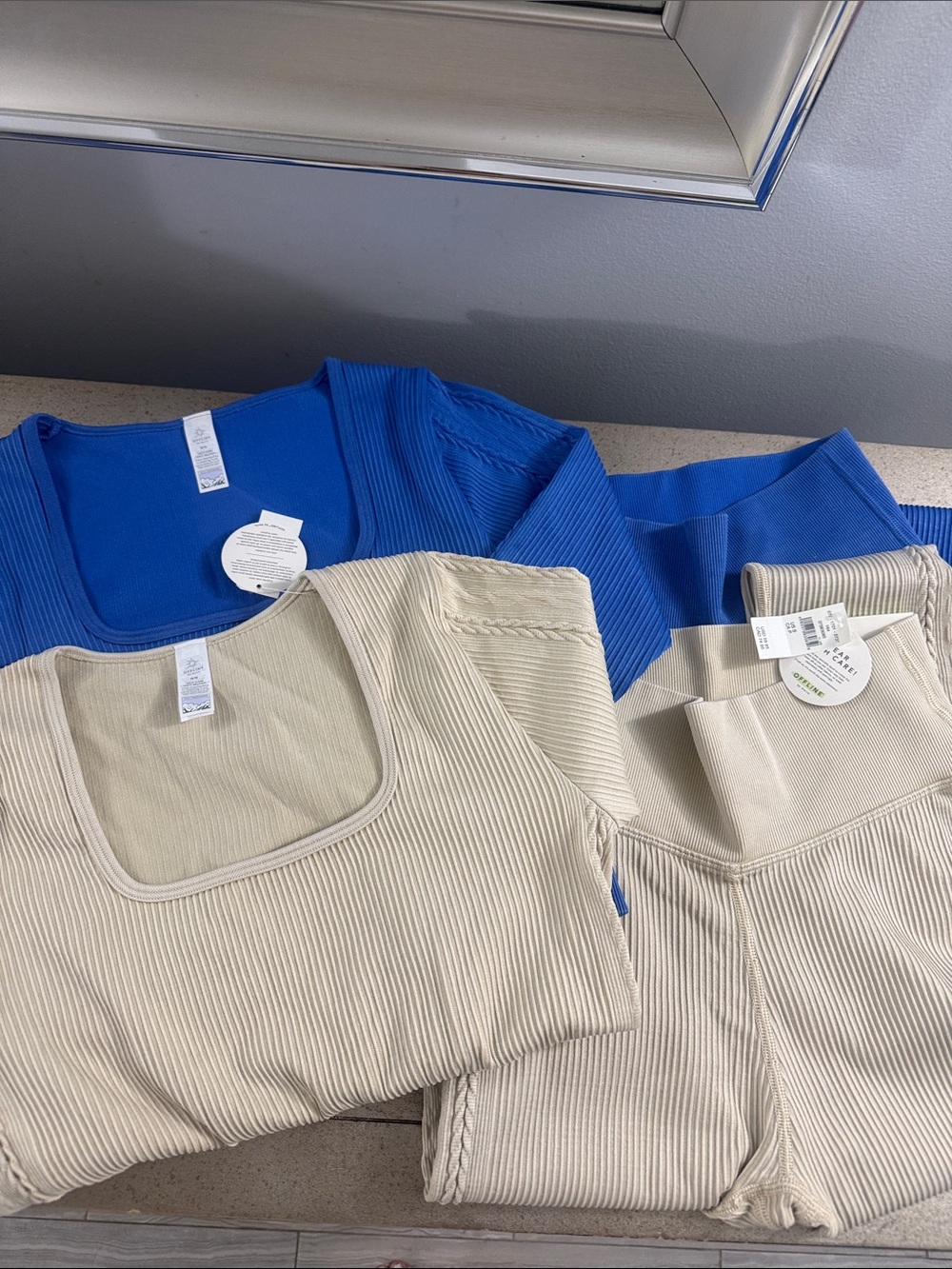 Ribbed Square-Neck Leggings & Top Set — Blue and Cream